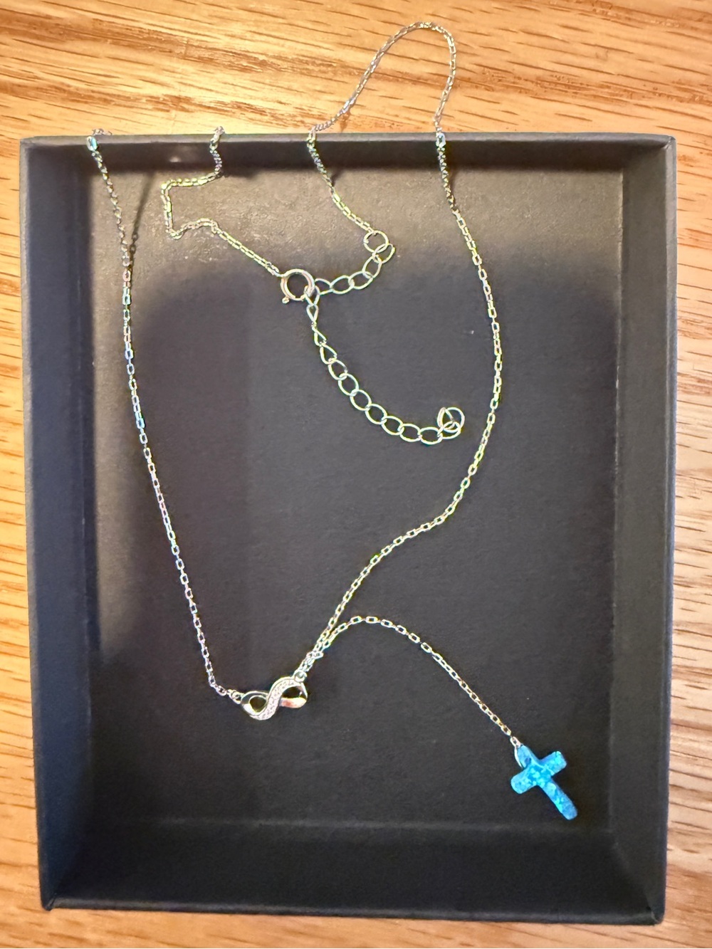 925 Sterling Silver Blue Opal Cross Necklace Infinity Charm Adjustable Chain